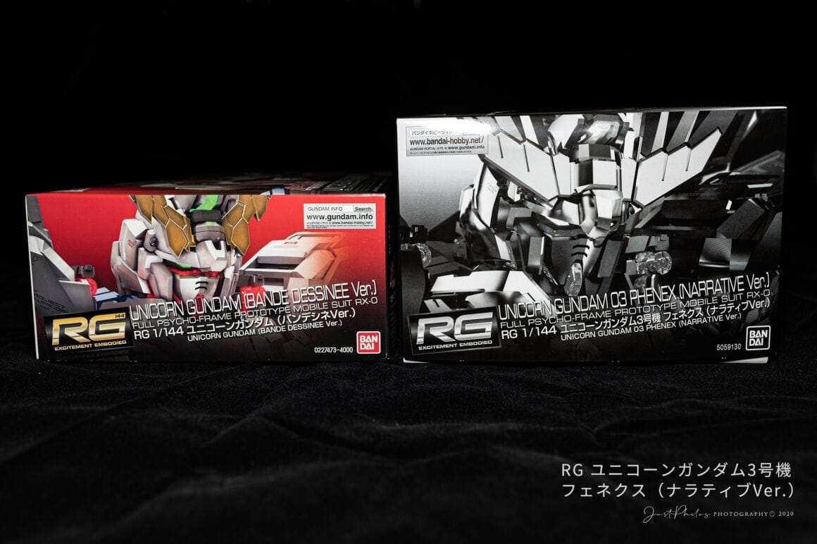 從側面來看，RG獨角獸鋼彈3號機鳳凰（Narrative Ver.）的外盒硬生生比獨角獸一號機高上許多。